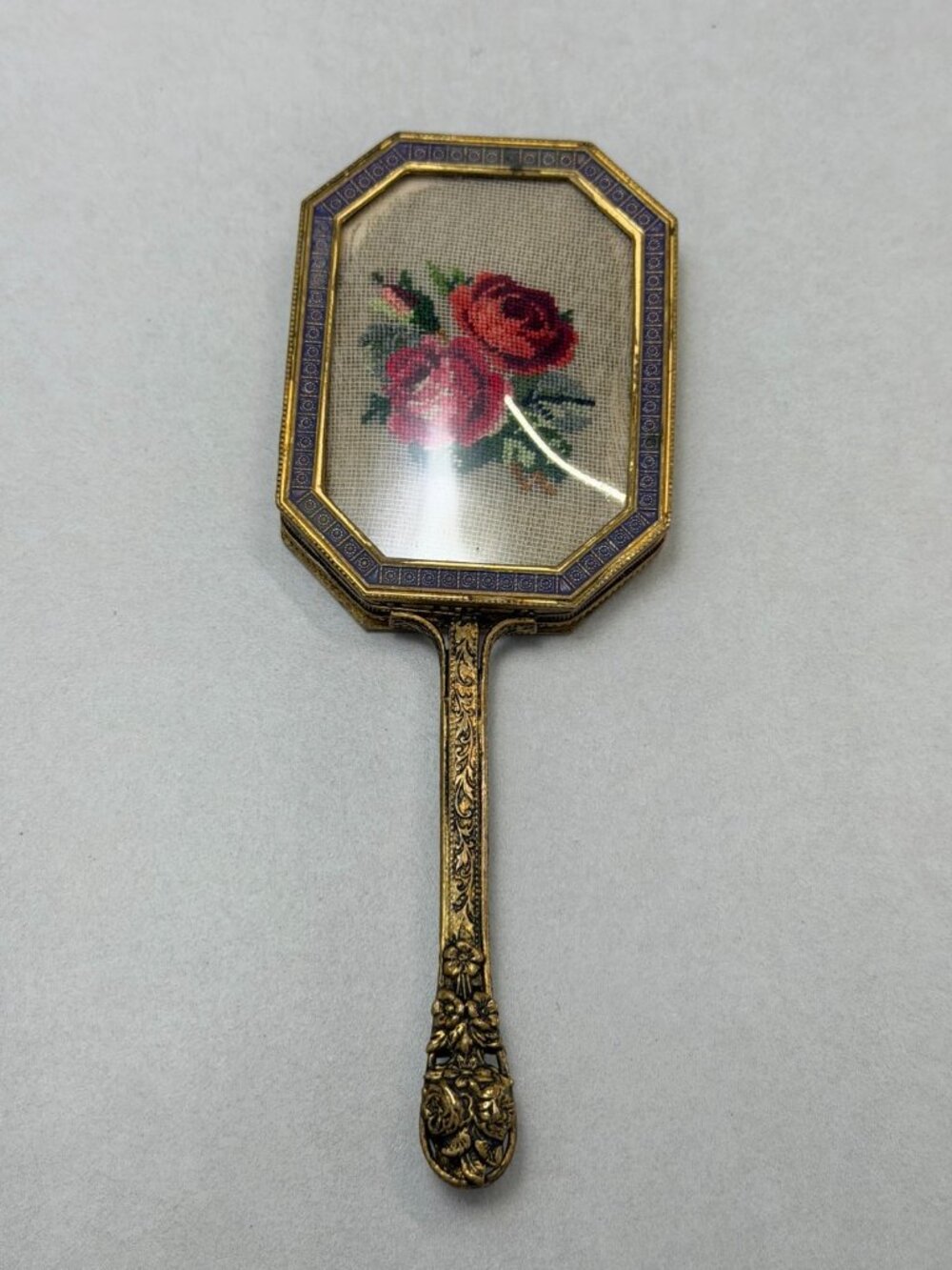 Vintage Ornate Hand Mirror Floral Needlepoint Gold Tone Small Vanity Mirror - Picture 2 of 11